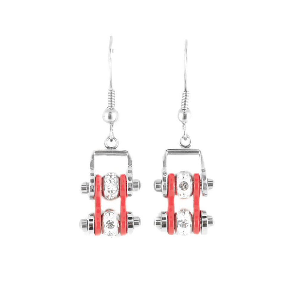 Sk2001E Mini Two Tone Silver Red With Crystal Centers Bike Chain Earrings Stainless Steel