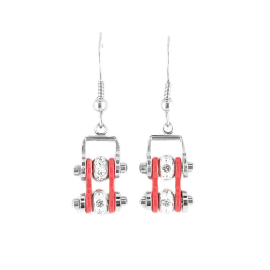Sk2001E Mini Two Tone Silver Red With Crystal Centers Bike Chain Earrings Stainless Steel
