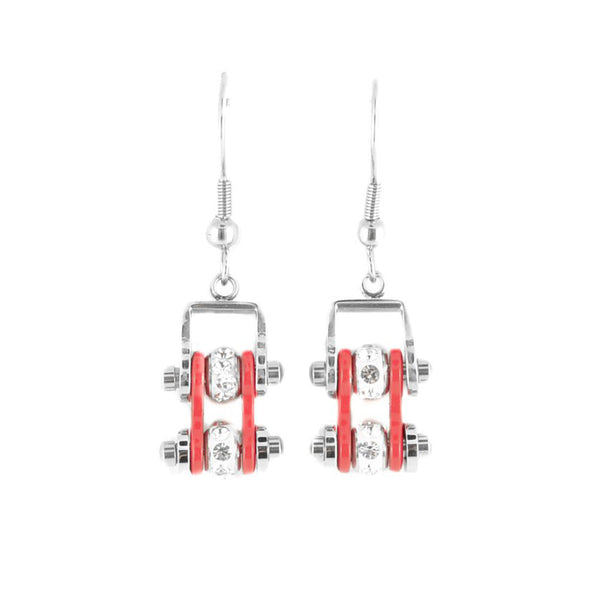 Sk2001E Mini Two Tone Silver Red With Crystal Centers Bike Chain Earrings Stainless Steel