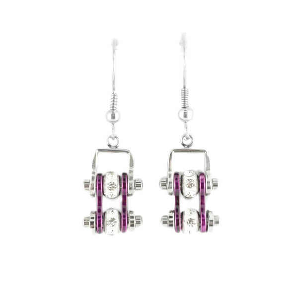 Sk2003E Mini Two Tone Silver Candy Purple With Crystal Centers Bike Chain Earrings Stainless Steel