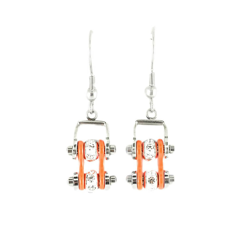 Sk2002E Mini Two Tone Silver Orange With Crystal Centers Bike Chain Earrings Stainless Steel