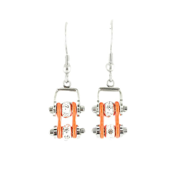 Sk2002E Mini Two Tone Silver Orange With Crystal Centers Bike Chain Earrings Stainless Steel