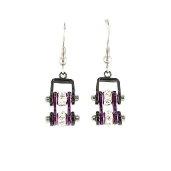 Sk2009E Mini Two Tone Black Candy Purple With Crystal Centers Bike Chain Earrings Stainless Steel