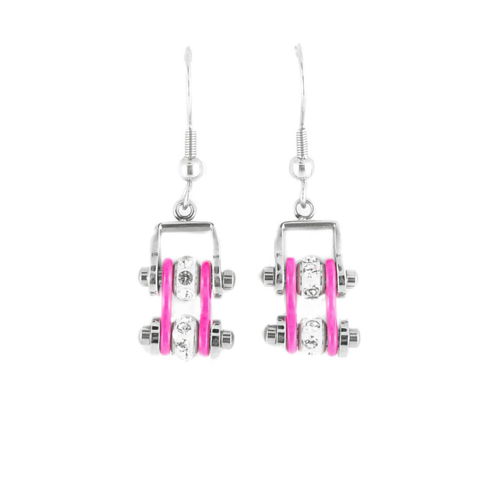 Sk2018E Mini Two Tone Silver Pink With Crystal Centers Bike Chain Earrings Stainless Steel