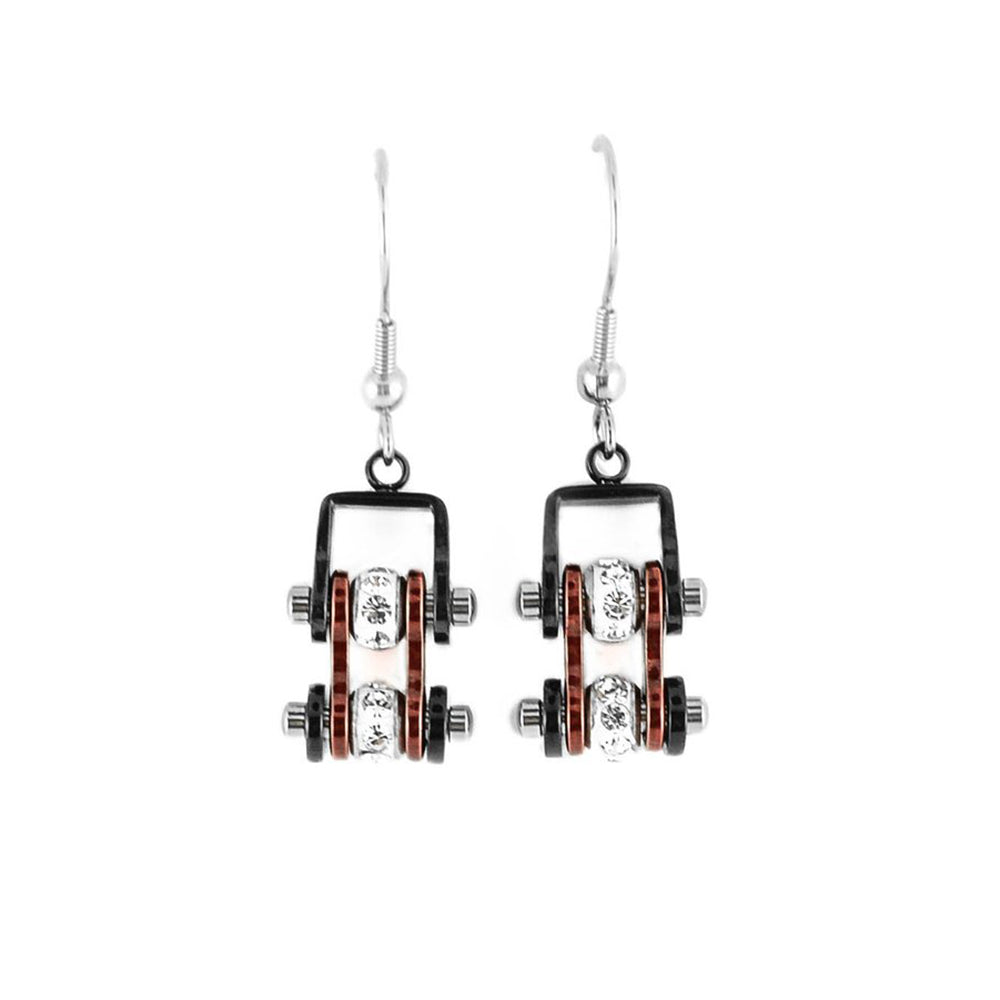 Sk2006E Mini Two Tone Black Candy Red With Crystal Centers Bike Chain Earrings Stainless Steel