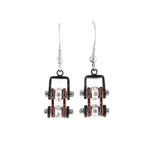 Sk2006E Mini Two Tone Black Candy Red With Crystal Centers Bike Chain Earrings Stainless Steel