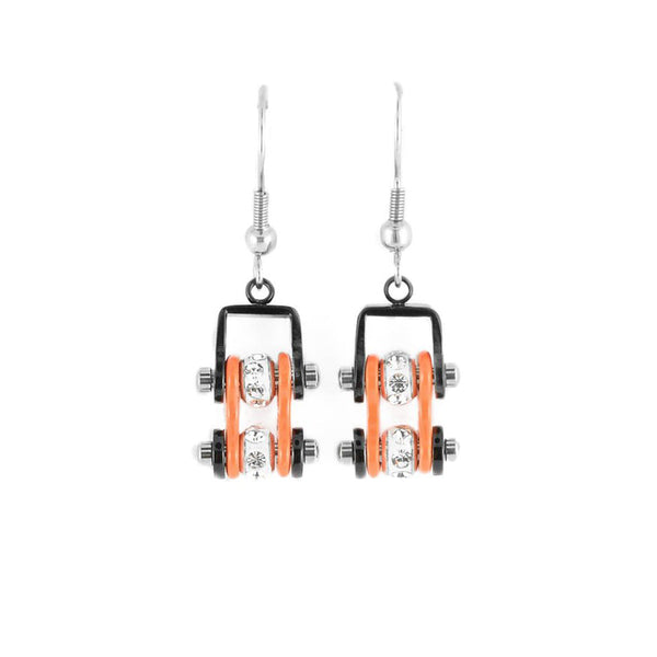 Sk2012E Mini Two Tone Black Orange With Crystal Centers Bike Chain Earrings Stainless Steel