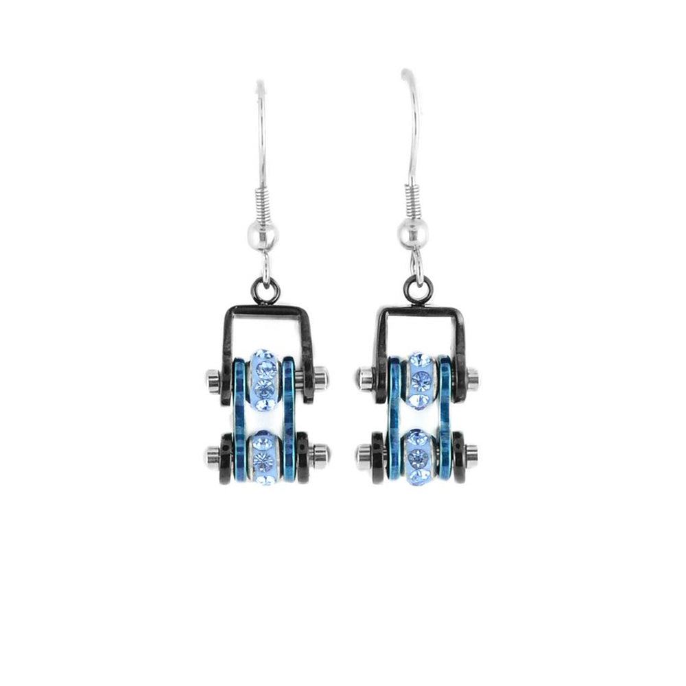 Sk2202E Mini Two Tone Black Blue With Crystal Centers Bike Chain Earrings Stainless Steel