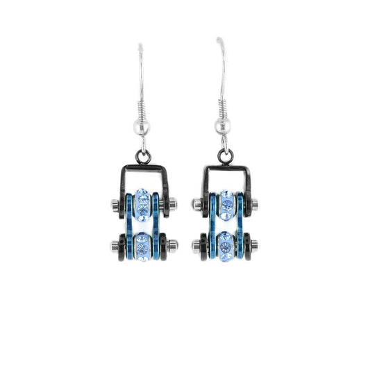 Sk2202E Mini Two Tone Black Blue With Crystal Centers Bike Chain Earrings Stainless Steel