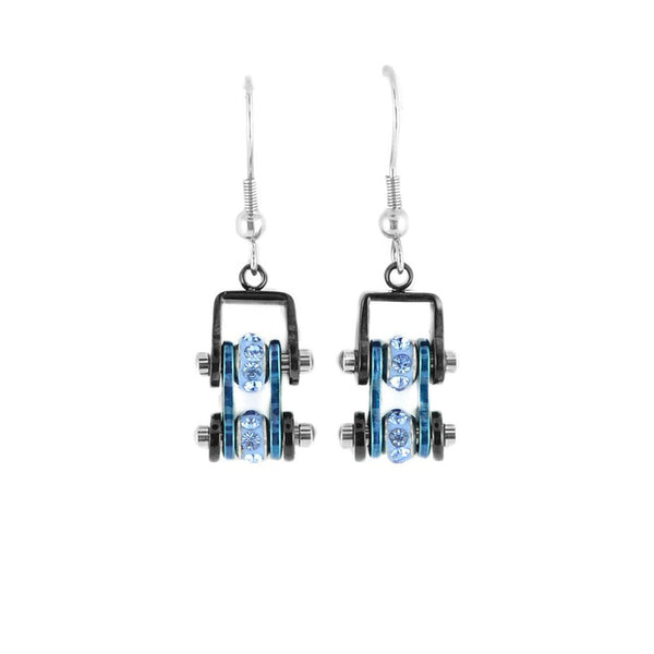 Sk2202E Mini Two Tone Black Blue With Crystal Centers Bike Chain Earrings Stainless Steel