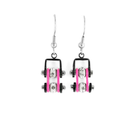 Sk2097E Mini Two Tone Black Pink With Crystal Centers Bike Chain Earrings Stainless Steel