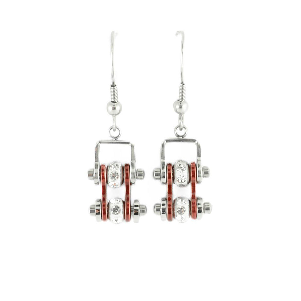 Sk2014E Mini Two Tone Silver Candy Red With Crystal Centers Bike Chain Earrings Stainless Steel