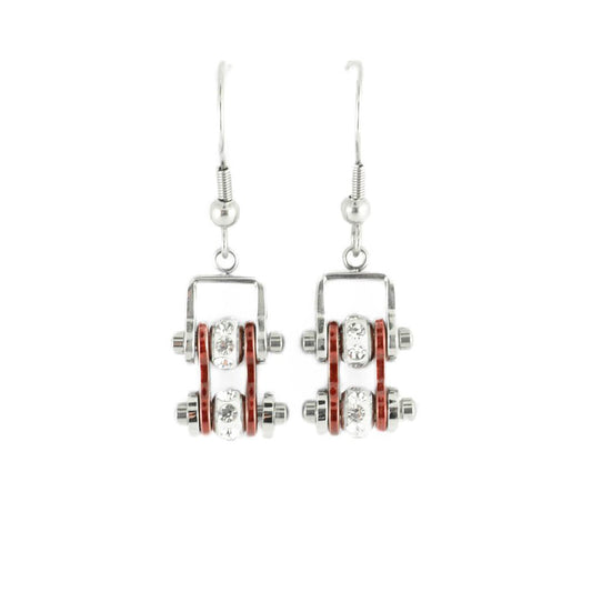 Sk2014E Mini Two Tone Silver Candy Red With Crystal Centers Bike Chain Earrings Stainless Steel