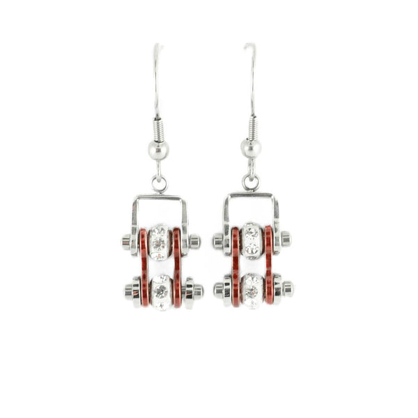Sk2014E Mini Two Tone Silver Candy Red With Crystal Centers Bike Chain Earrings Stainless Steel