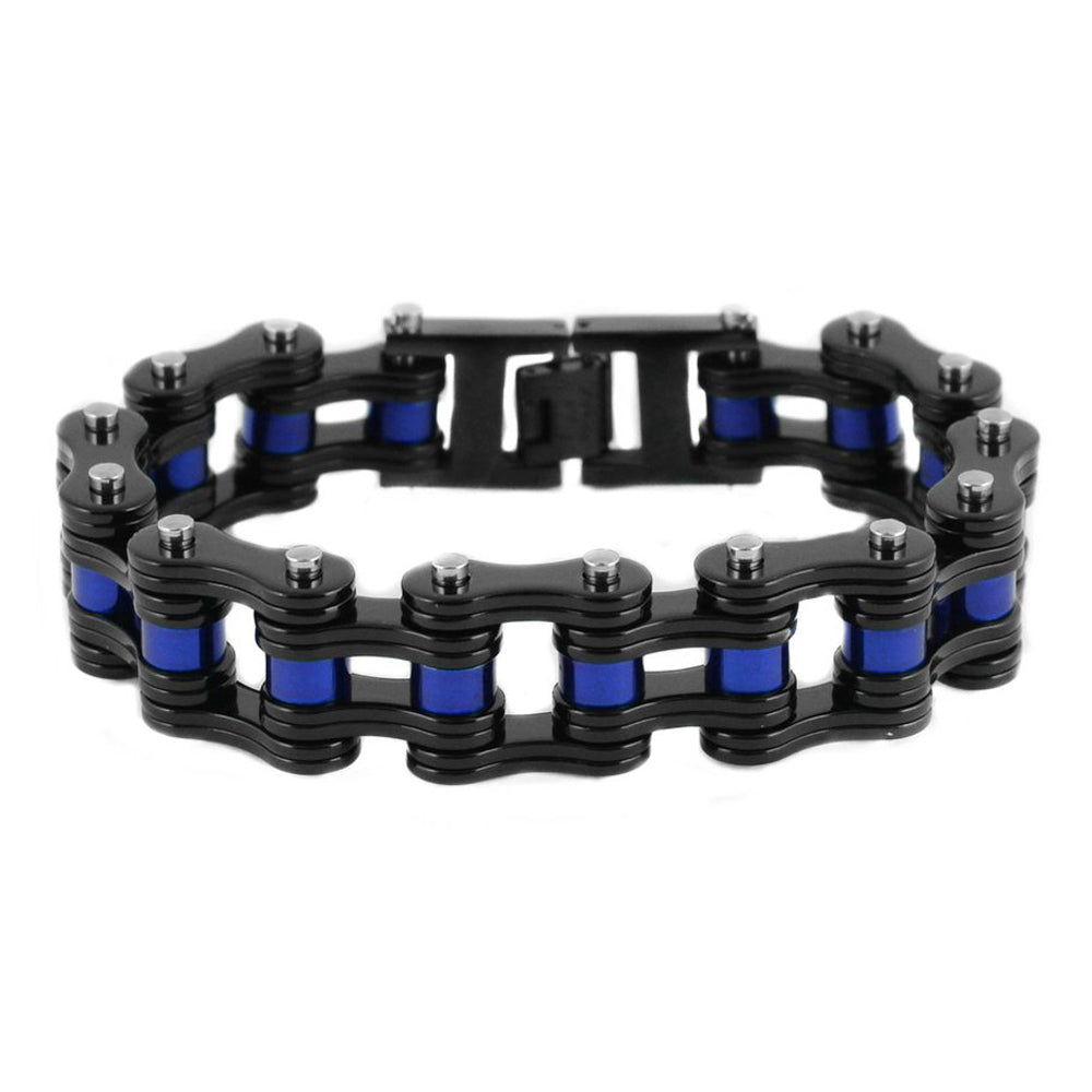 Sk1827 3/4’ Wide Black With Blue Rollers Unisex Stainless Steel Motorcycle Chain Bracelet Men’s