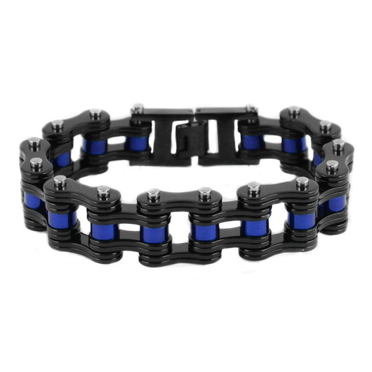 Sk1827 3/4’ Wide Black With Blue Rollers Unisex Stainless Steel Motorcycle Chain Bracelet Men’s