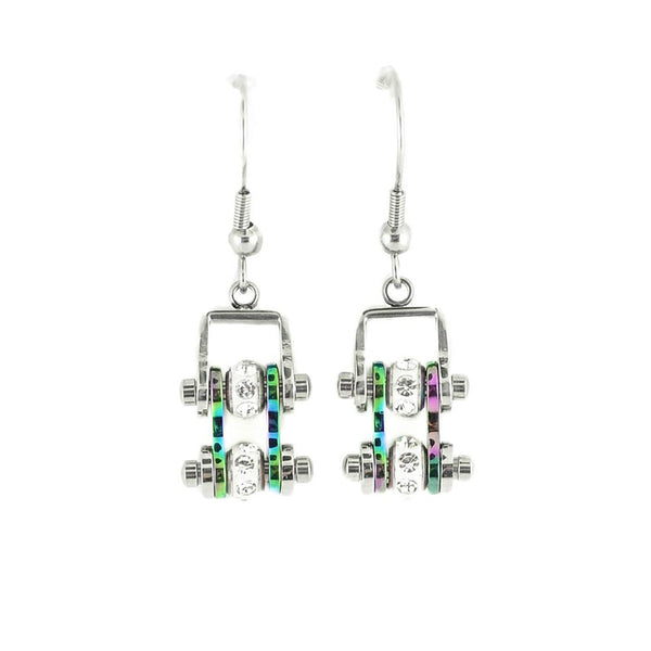 Sk2207E Mini Two Tone Silver Rainbow With Crystal Centers Bike Chain Earrings Stainless Steel