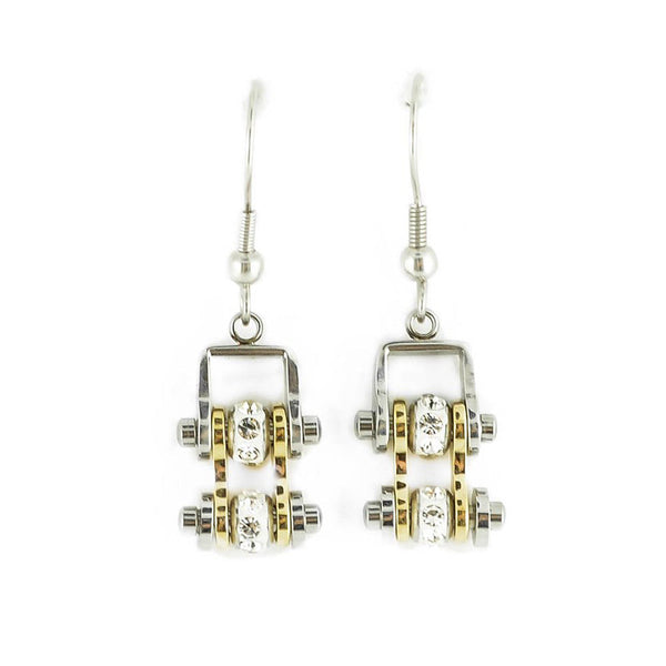 Sk2096E Mini Two Tone Silver Gold With Crystal Centers Bike Chain Earrings Stainless Steel
