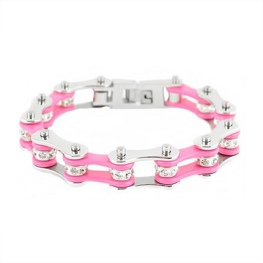 Sk1118 Wide Two Tone Silver Pink With White Crystal Rollers Stainless Steel Motorcycle Bike Chain