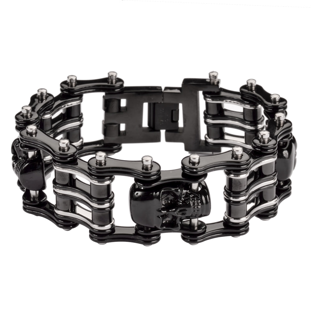 Sk1170 Two Tone Black Silver 1’’ Wide 3 Skulls Unisex Stainless Steel Motorcycle Skull Chain