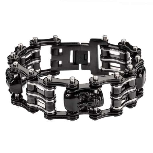 Sk1170 Two Tone Black Silver 1’’ Wide 3 Skulls Unisex Stainless Steel Motorcycle Skull Chain