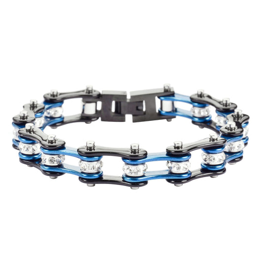 SK1223 1/2’’ Wide Two Tone Black Blue With White Crystal Centers Stainless Steel Motorcycle Bike Chain Bracelet Ladies