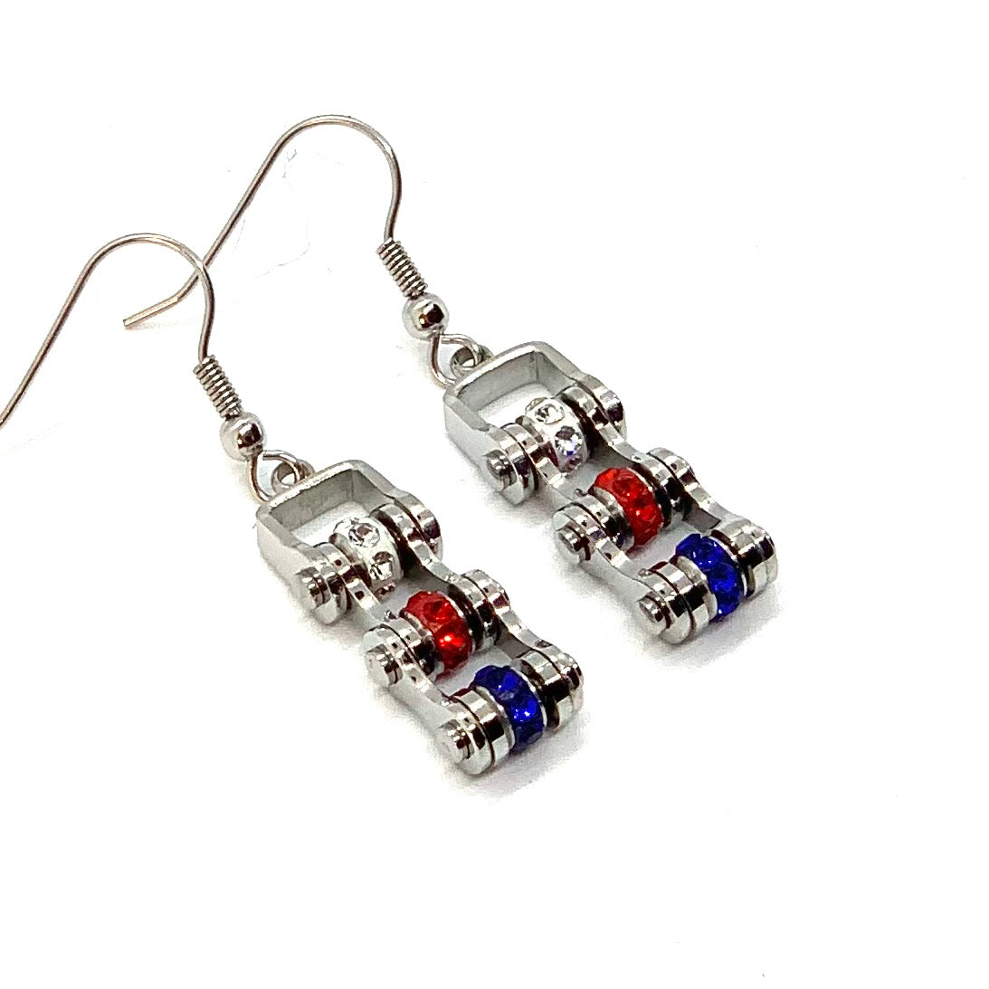 Sk2342E Mini Red White And Blue With Crystal Centers Bike Chain Earrings Stainless Steel Motorcycle