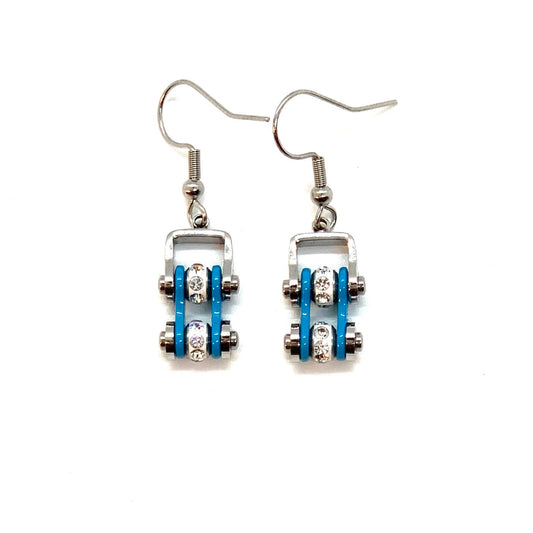 Sk2004E Mini Two Tone Silver Turquoise With Crystal Centers Bike Chain Earrings Stainless Steel