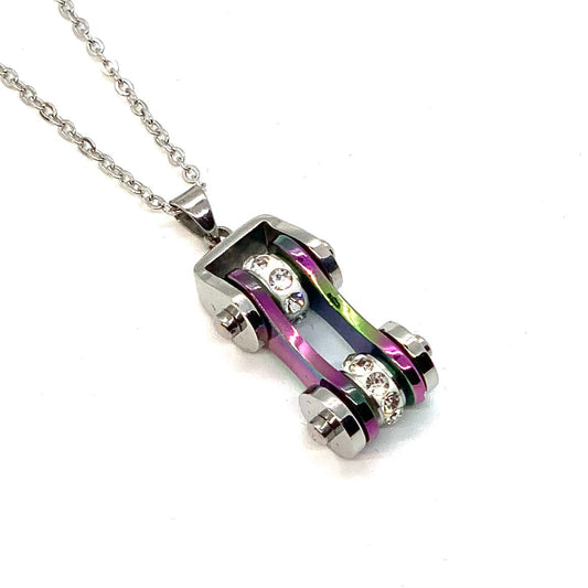 Sk1207N Ladies Bike Chain Pendant Silver Rainbow Crystal Bling Necklace 19’’ Stainless Steel