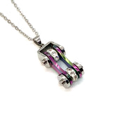 Sk1207N Ladies Bike Chain Pendant Silver Rainbow Crystal Bling Necklace 19’’ Stainless Steel