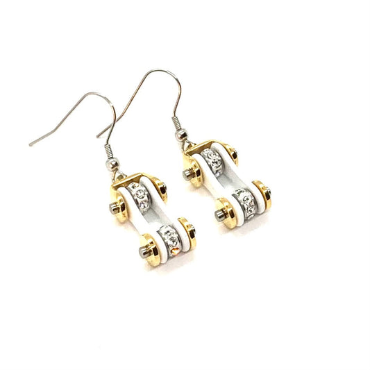Sk1290E Two Tone Gold White With Crystal Centers Bike Chain Earrings Stainless Steel Motorcycle