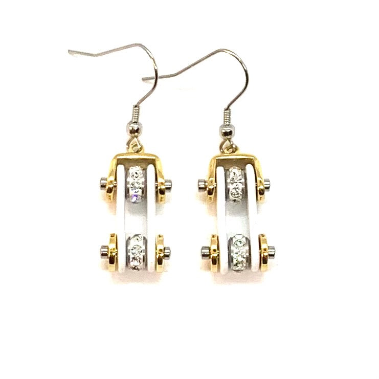 Sk1290E Two Tone Gold White With Crystal Centers Bike Chain Earrings Stainless Steel Motorcycle