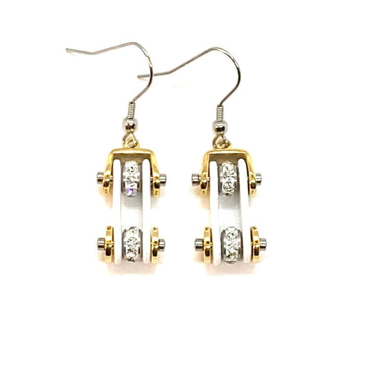 Sk1290E Two Tone Gold White With Crystal Centers Bike Chain Earrings Stainless Steel Motorcycle