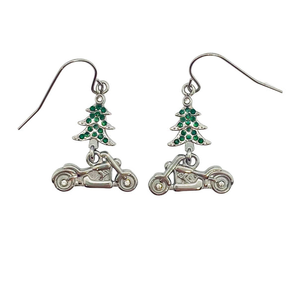 SK2706 Ladies Holiday Earrings Christmas Tree with Motorcycle