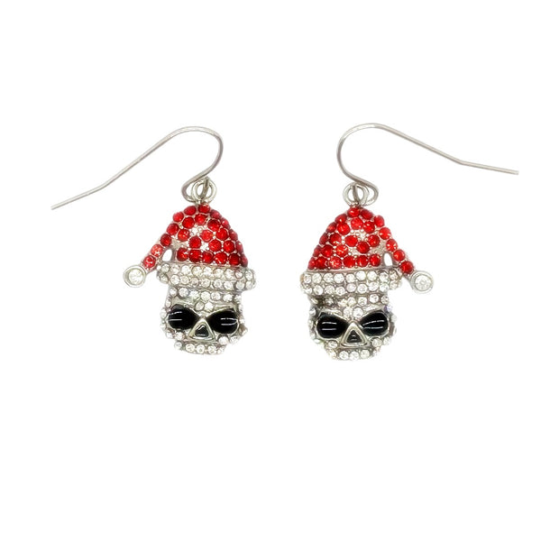 SK2704 Ladies Holiday Earrings Sparkly Skull Santa Hat