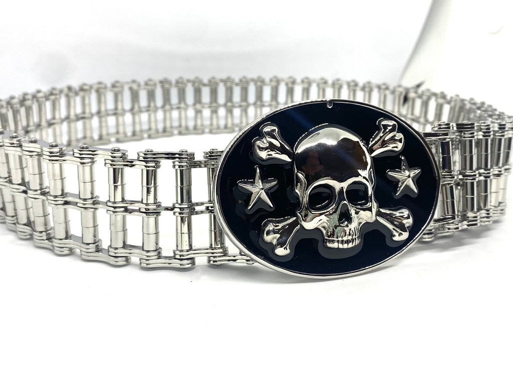 SK9001 Mens Easy Rider Belt 1 1/2" Wide with Skull Buckle Silver