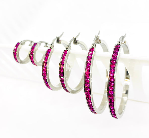 SK2905 Ladies Fuchsia Crystal Earrings - Three Sizes Available