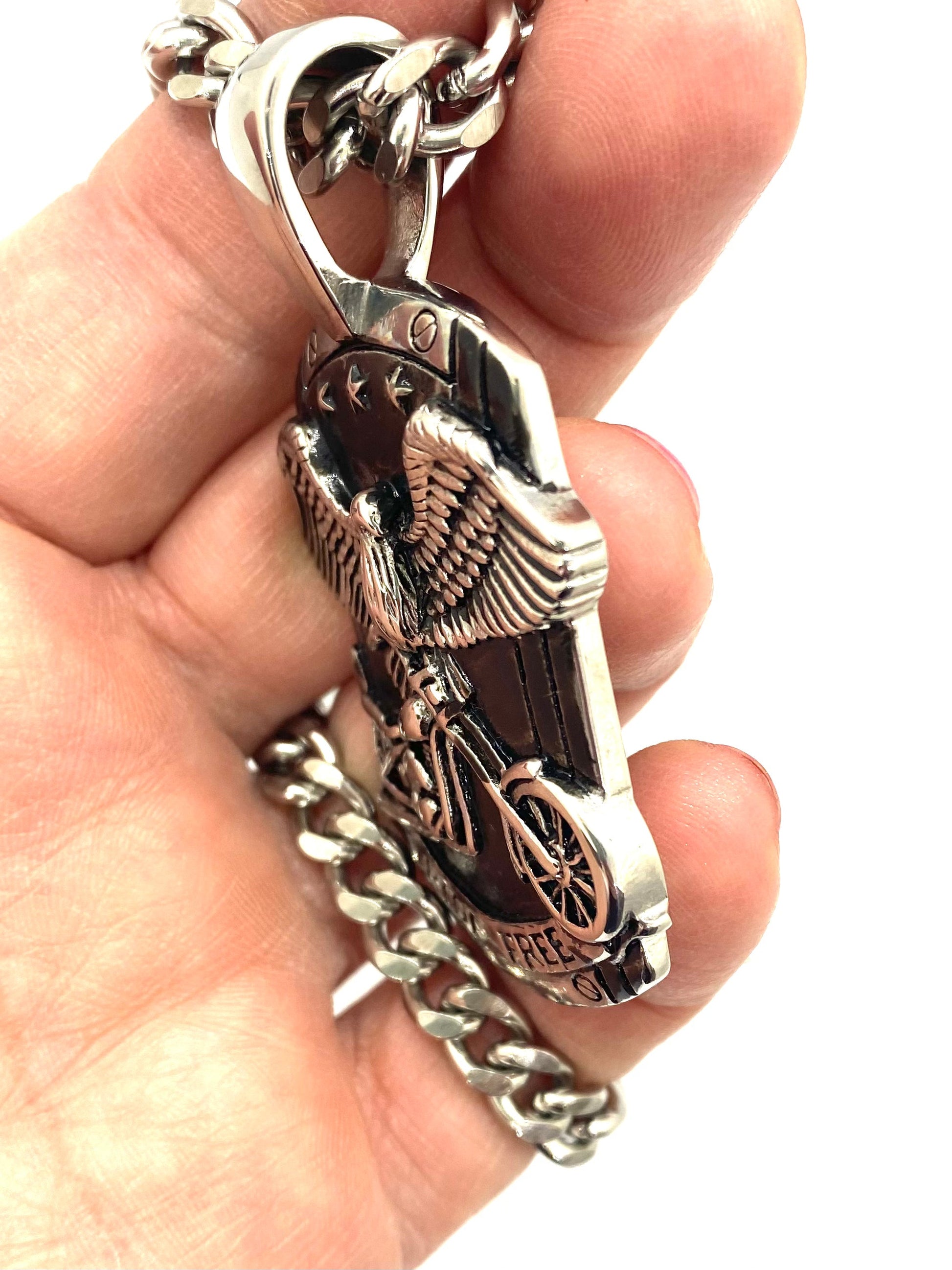 Sk6100 Ride Free Motorcycle Eagle Pendant With 24’ Cuban Link Chain. High Quality 316L Stainless