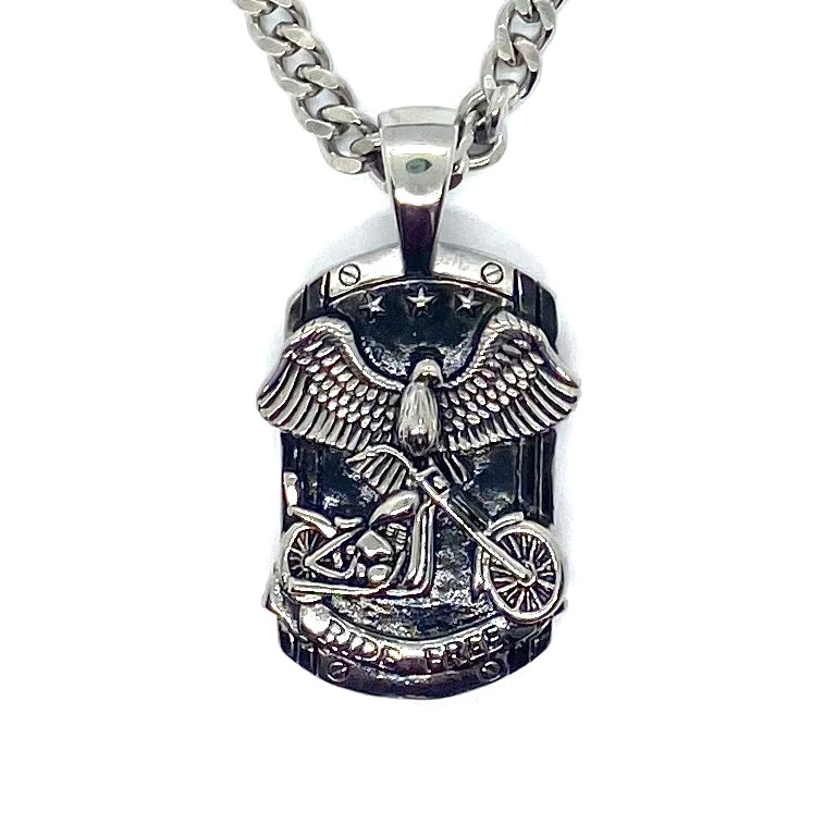 Sk6100 Ride Free Motorcycle Eagle Pendant With 24’ Cuban Link Chain. High Quality 316L Stainless