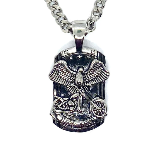 Sk6100 Ride Free Motorcycle Eagle Pendant With 24’ Cuban Link Chain. High Quality 316L Stainless