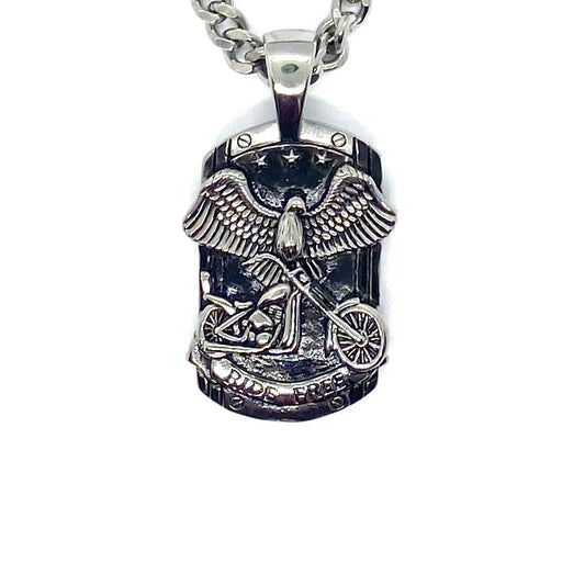 Sk6100 Ride Free Motorcycle Eagle Pendant With 24’ Cuban Link Chain. High Quality 316L Stainless