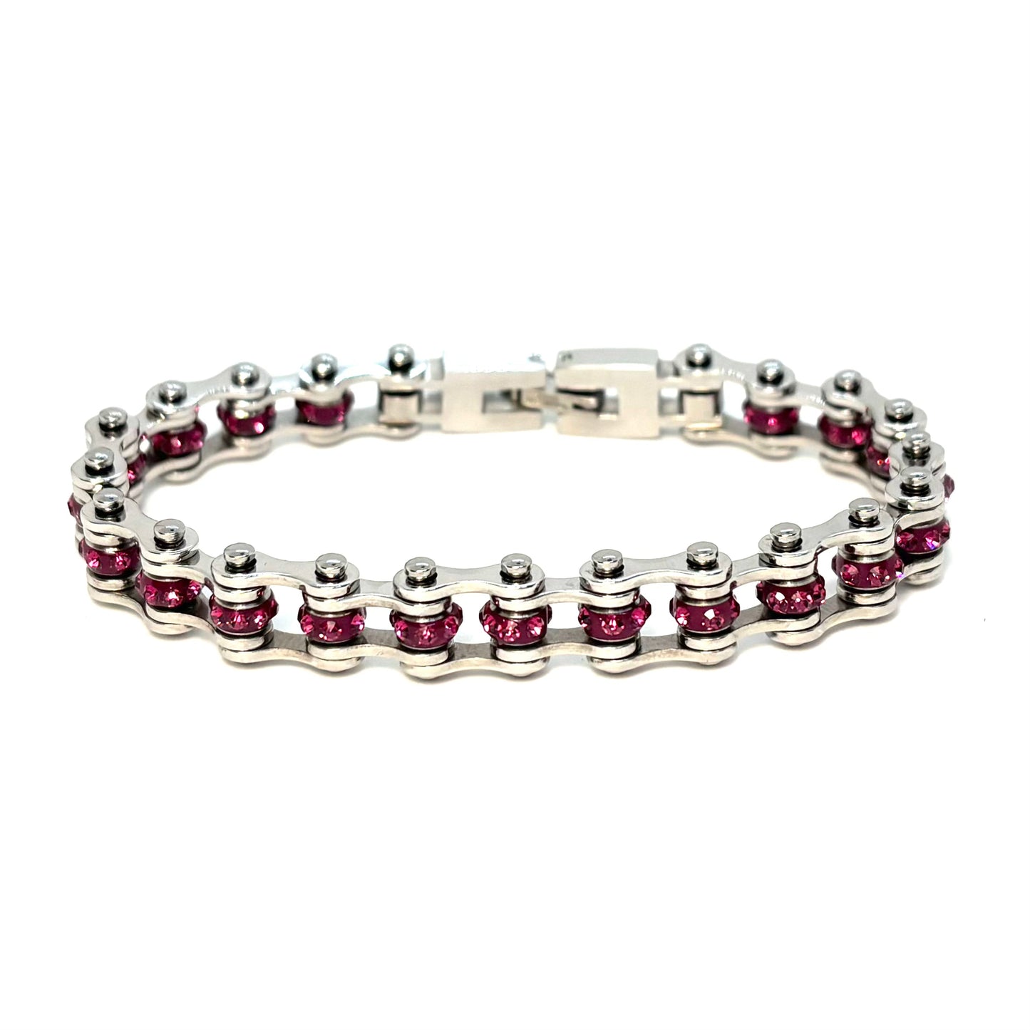 SK2803 3/8’’ MINI MINI Silver Fuschia Crystals - Stainless Steel Motorcycle Bike Chain Bracelet (Copy) Ladies Bracelets