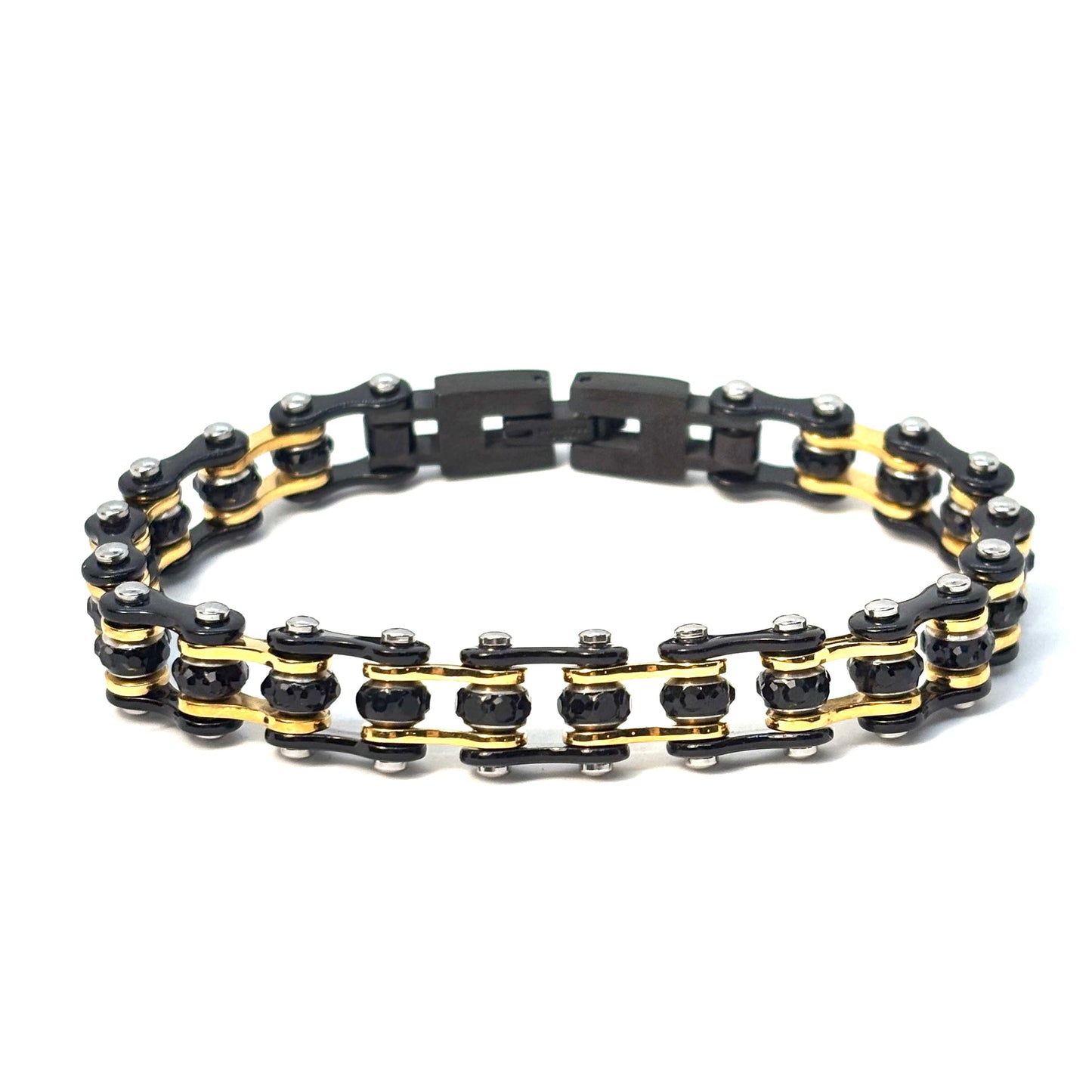 SK2807 3/8’’ MINI MINI Black Gold Black Crystals - Stainless Steel Motorcycle Bike Chain Bracelet Ladies Bracelets