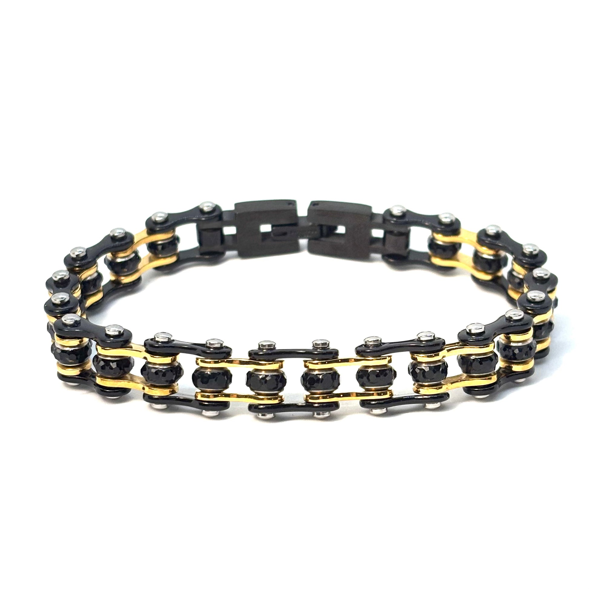 SK2807 3/8’’ MINI MINI Black Gold Black Crystals - Stainless Steel Motorcycle Bike Chain Bracelet Ladies Bracelets