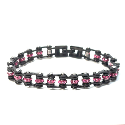SK2804 3/8’’ MINI MINI Black Fuschia Crystals - Stainless Steel Motorcycle Bike Chain Bracelet Ladies Bracelets