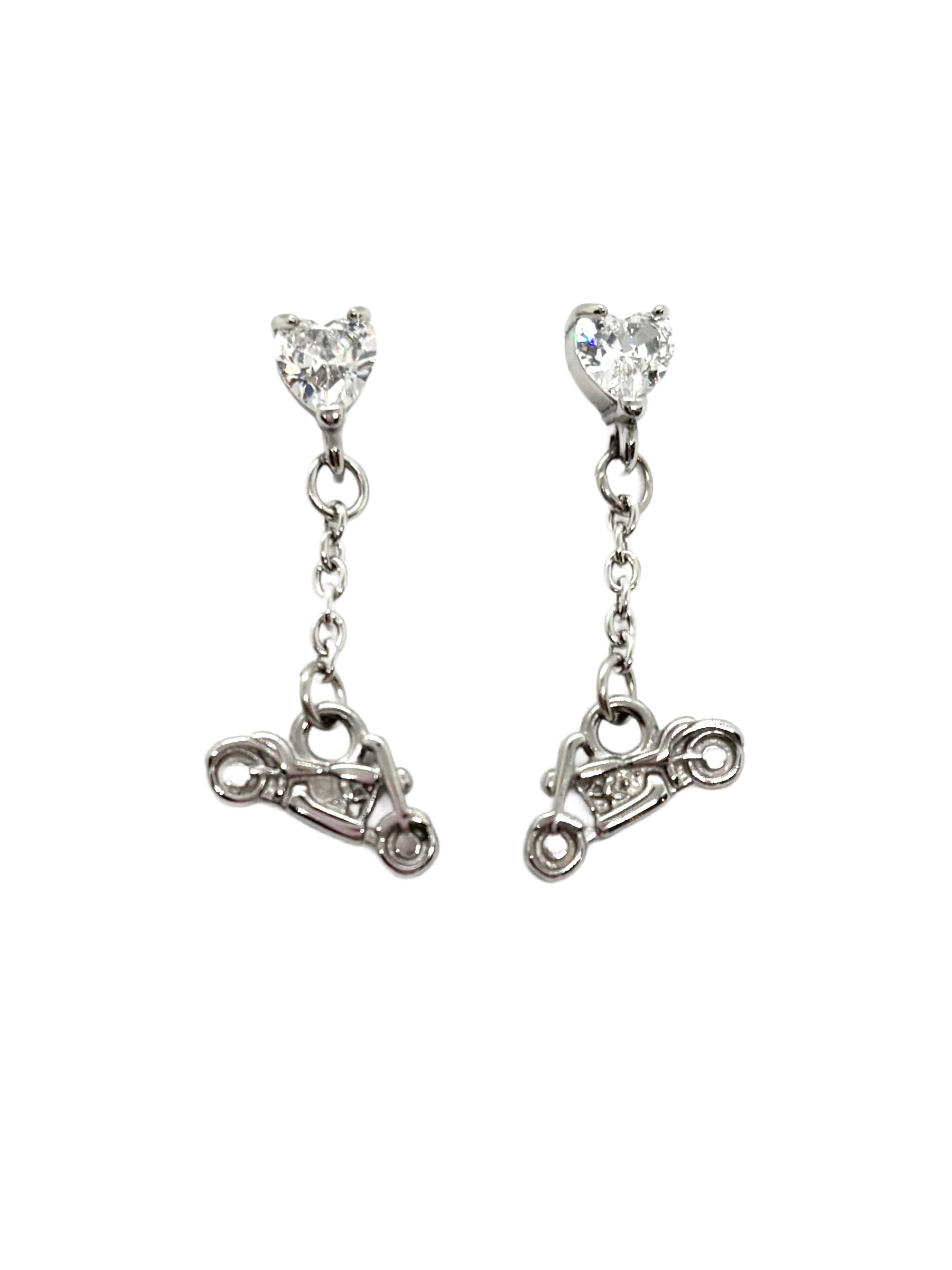 SK2707E Heart Crystal Motorcycle Earrings - Clear Stone Earrings