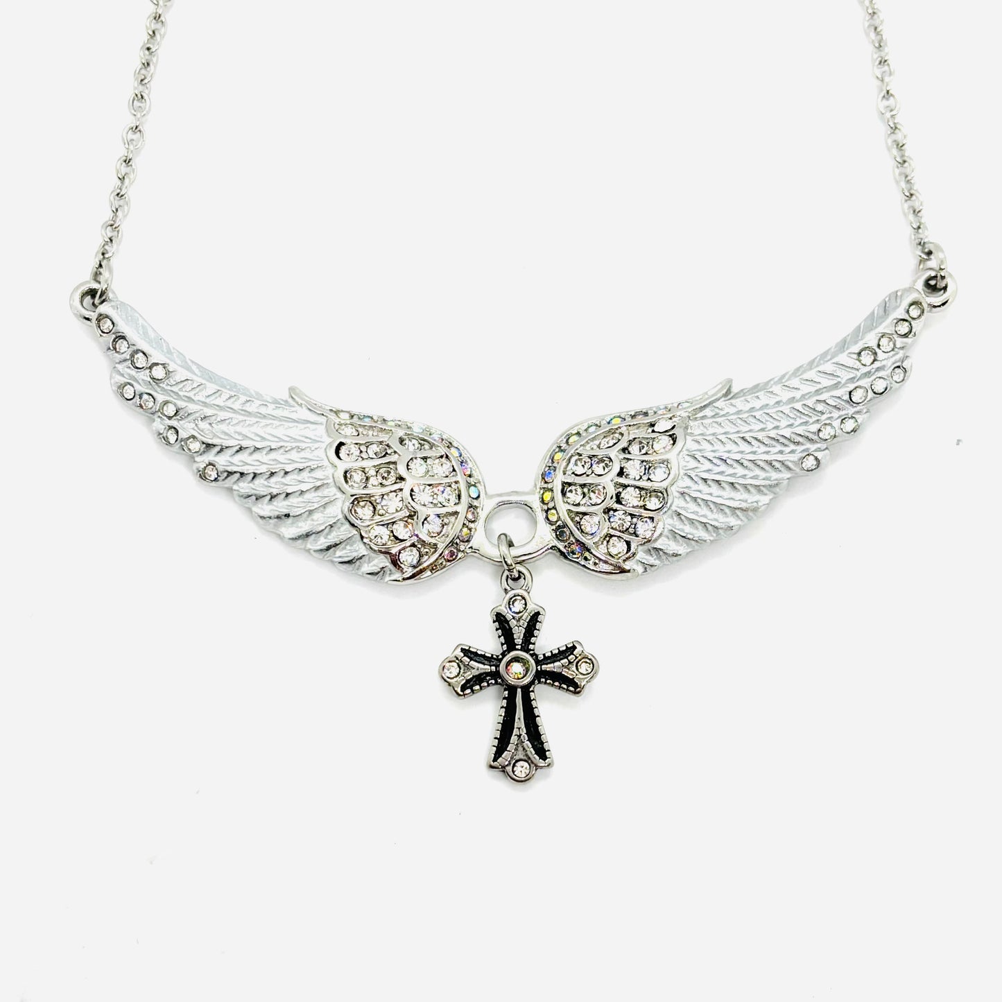 SK2324 Small White Painted Winged Necklace With Cross Pink Imitation Crystals Necklaces