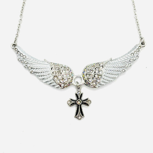 SK2324 Small White Painted Winged Necklace With Cross Pink Imitation Crystals Necklaces