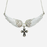 SK2324 Small White Painted Winged Necklace With Cross Pink Imitation Crystals Necklaces