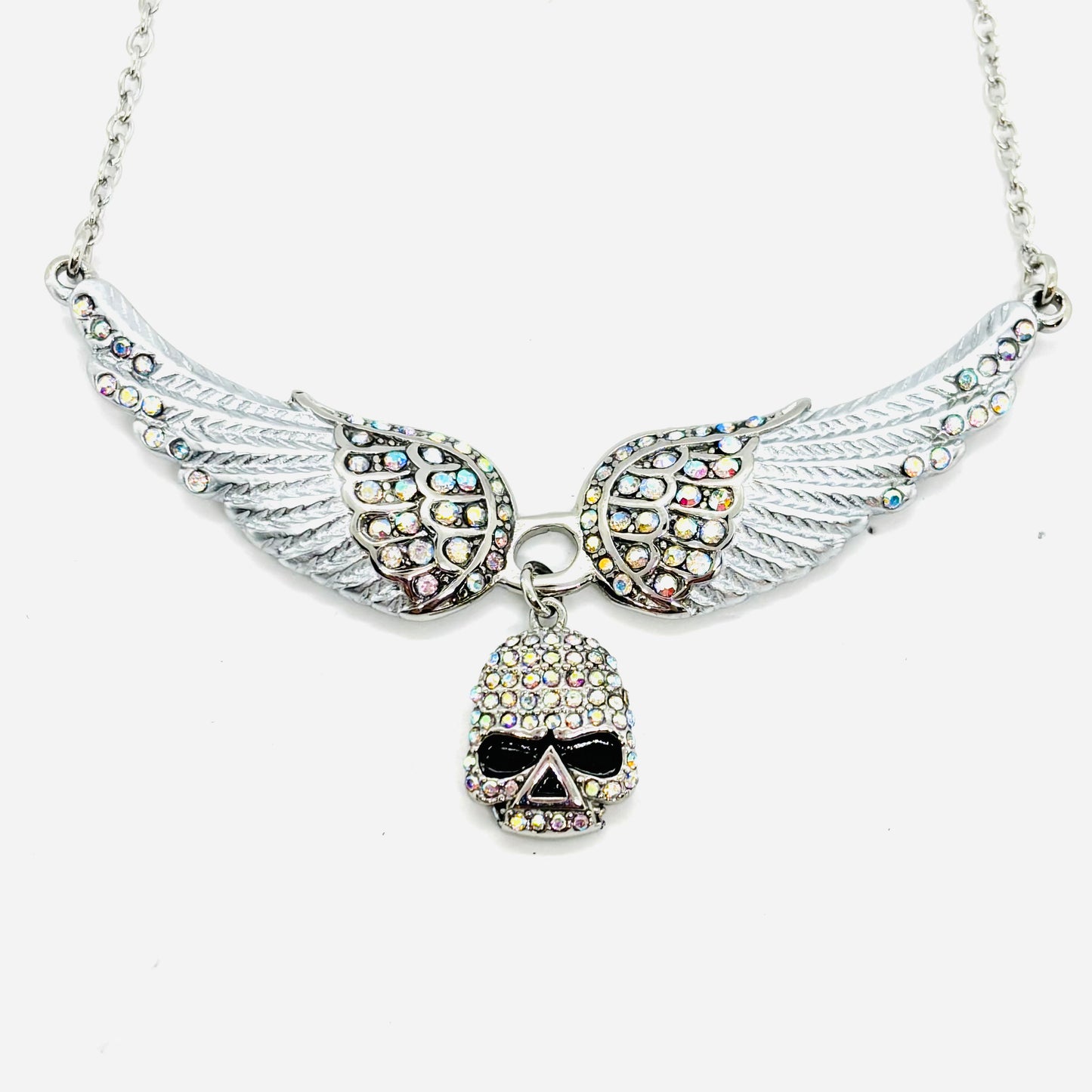 SK2307 Small White Painted Winged Necklace With Skull Iridescent Imitation Crystals Necklaces